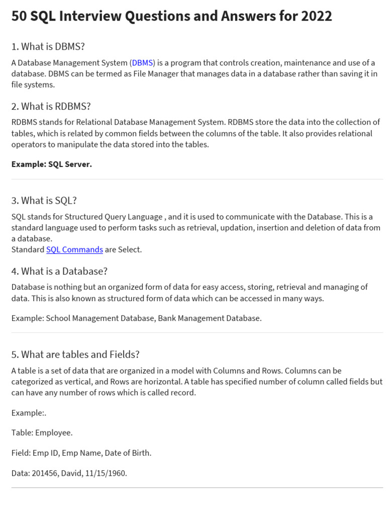 50 SQL Interview Questions and Answers For 2022 | PDF | Relational ...