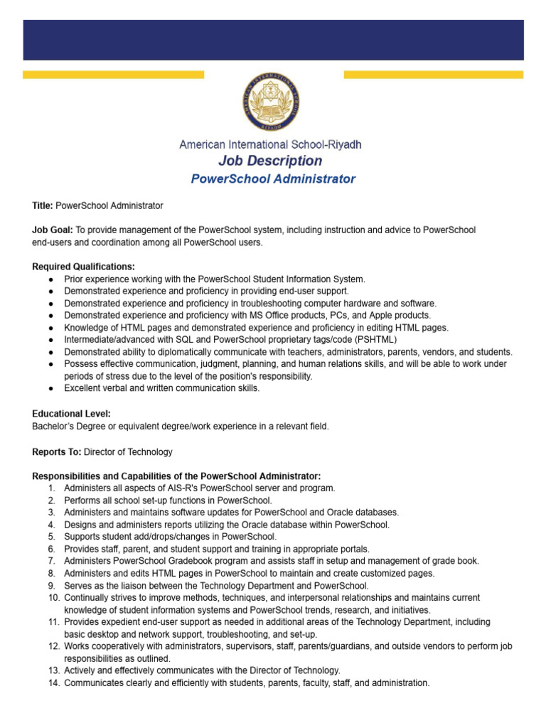 Powerschool Admin Job Desc Pdf Databases Sql