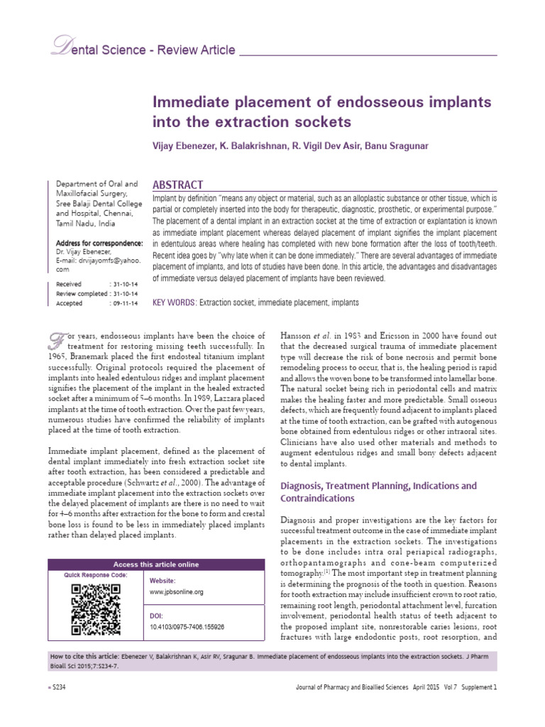 Immediate Endosseous Implant Placement | PDF | Dental Implant ...