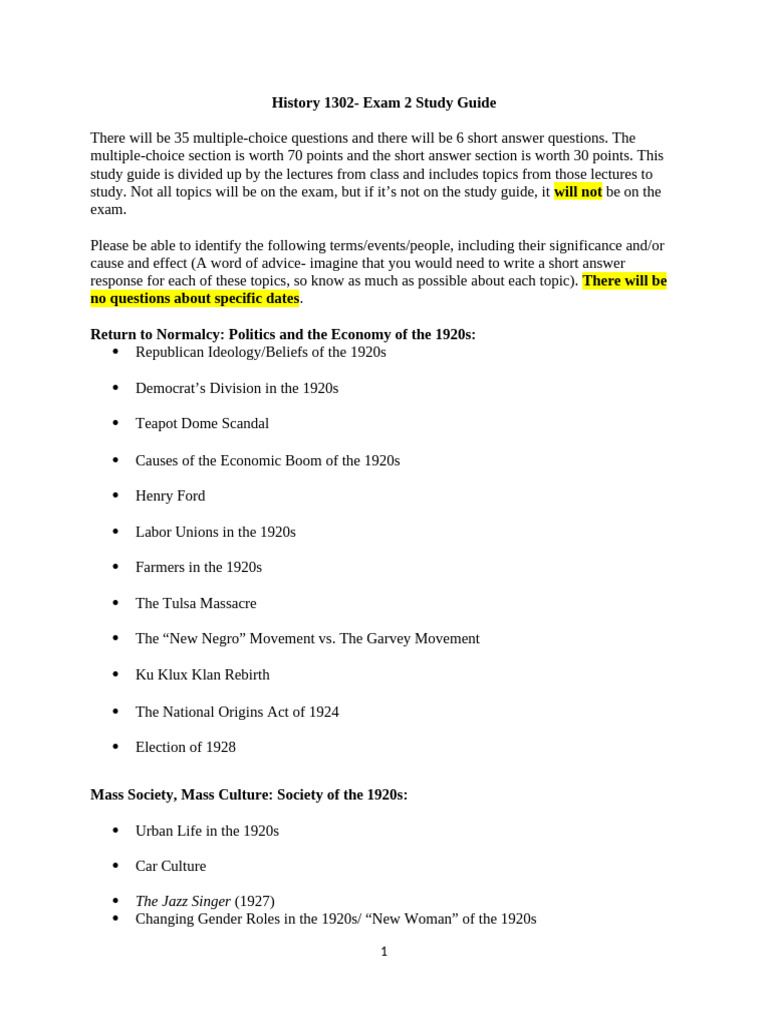 History 1302 Exam 2 Study Guide | PDF | Franklin D. Roosevelt | Society ...