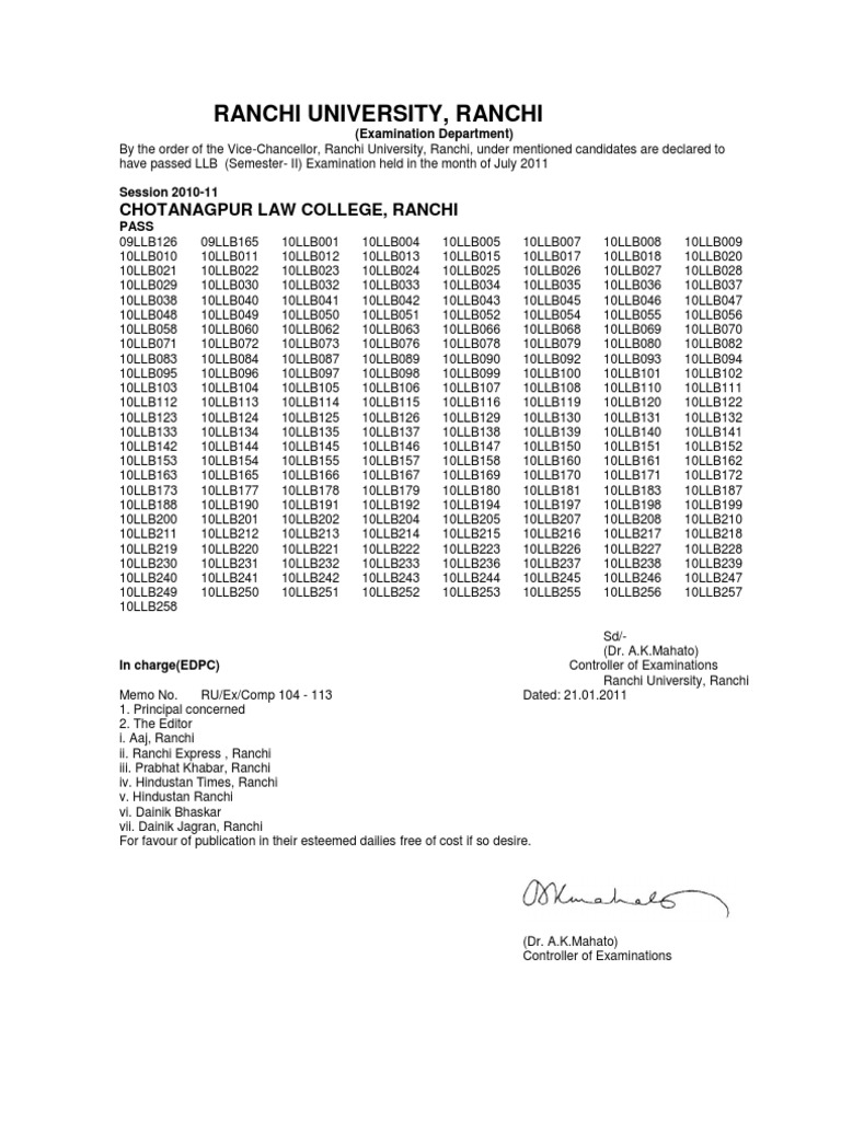 Ranchi Univ LLB Results July 2011 | PDF