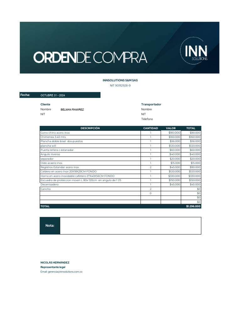 EP BELMAN RAMIREZ ORDEN DE COMPRA - NUEVO FORMATO. OCT 2024 - Hoja 1 | PDF