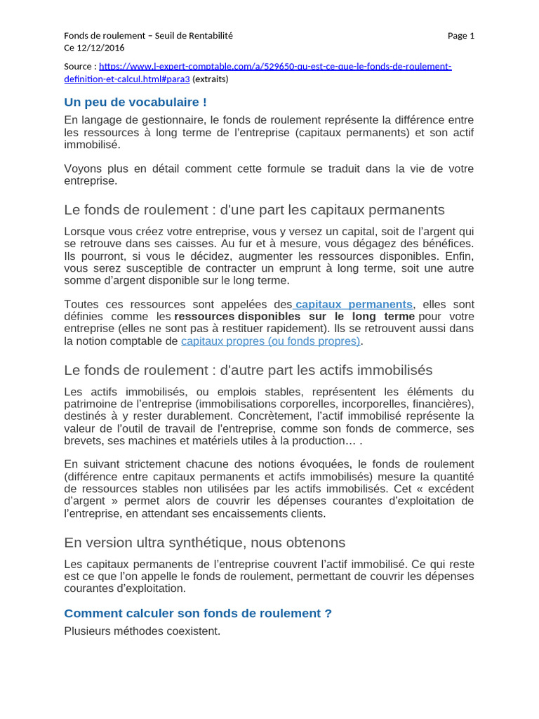 Fonds de Roulement et Seuil de Rentabilité | PDF | Fonds de roulement ...