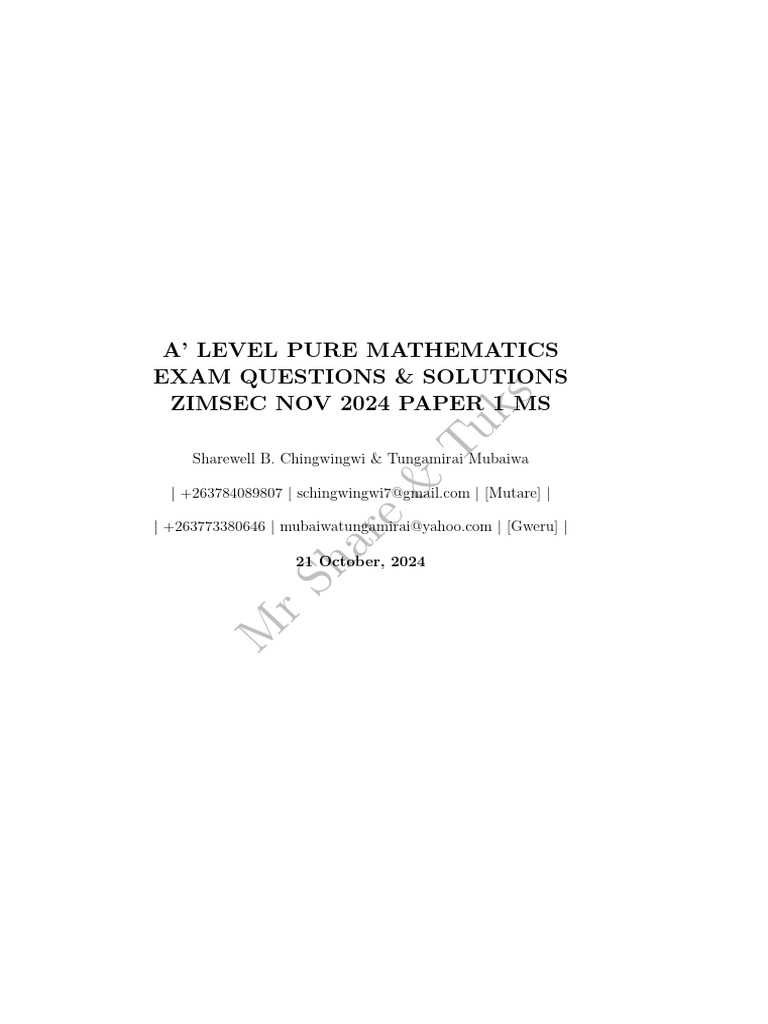 A' Level Pure Mathematics Solutions 2024 | PDF | Circle | Square Root