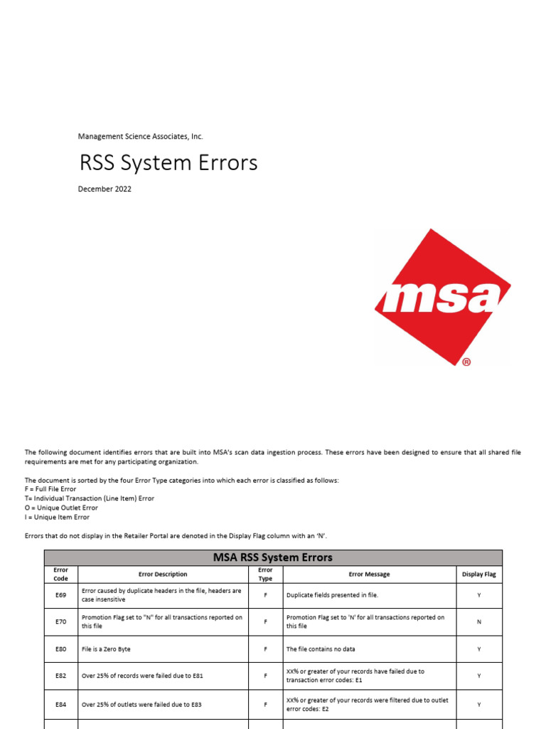 MSA RSS System Error Codes Overview | PDF | File Format