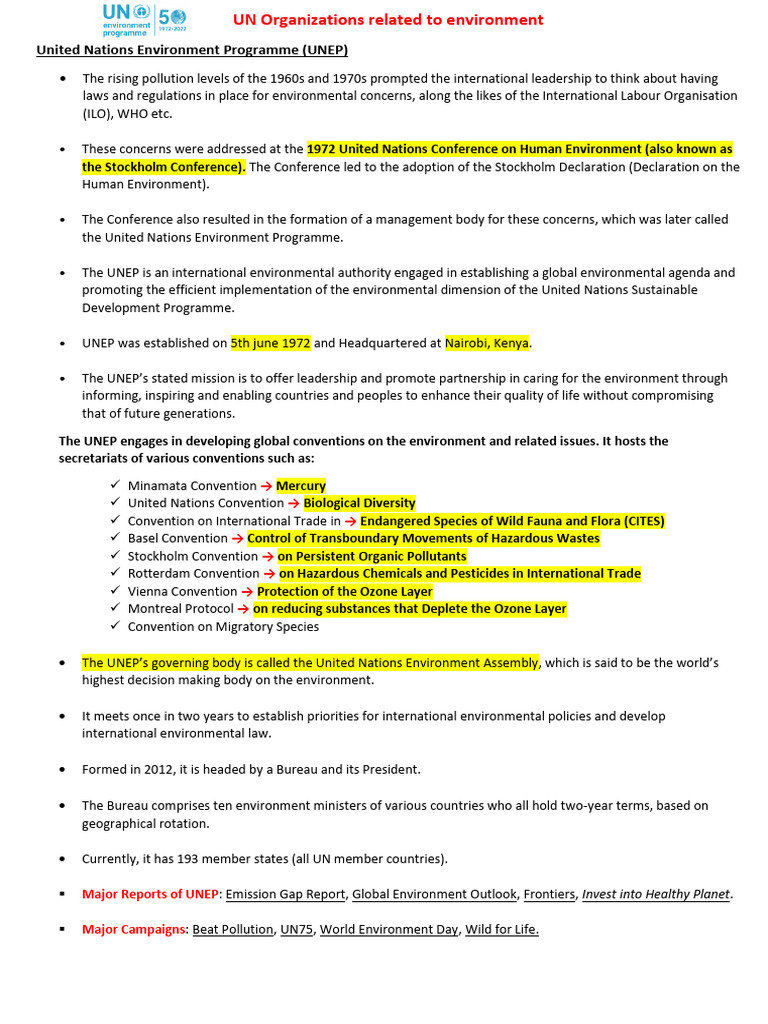 UN Organizations Related To Environment | PDF | United Nations ...