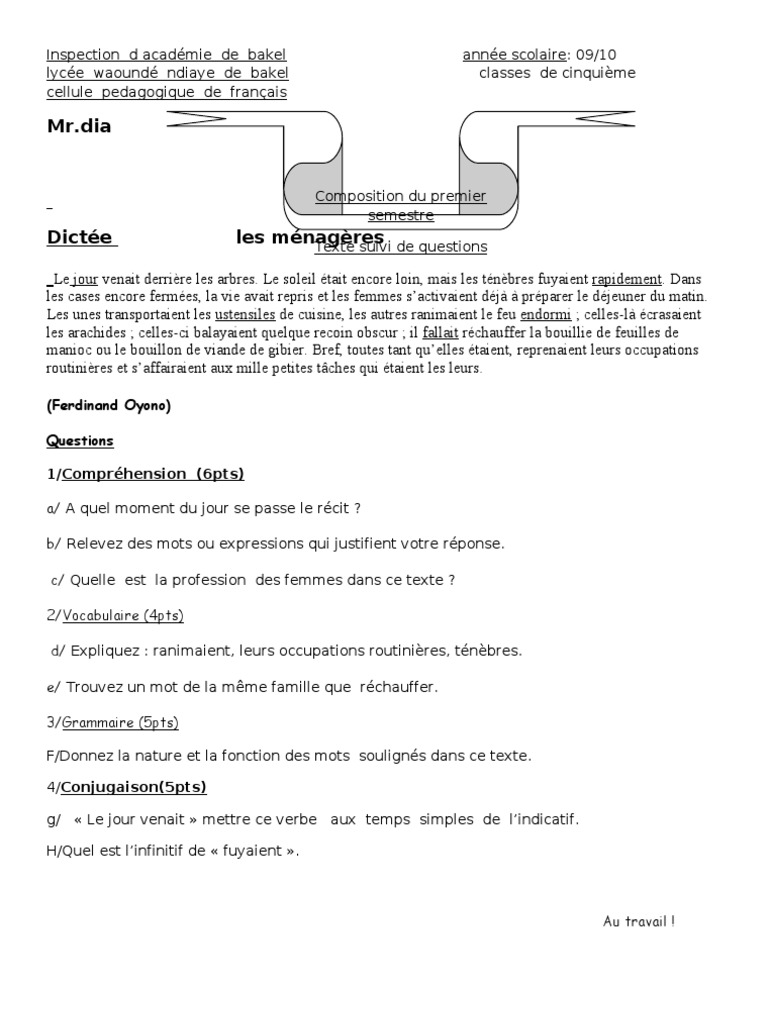 Collège Exercice De Français 5ème A Imprimer Texte Suivi de Questions | PDF