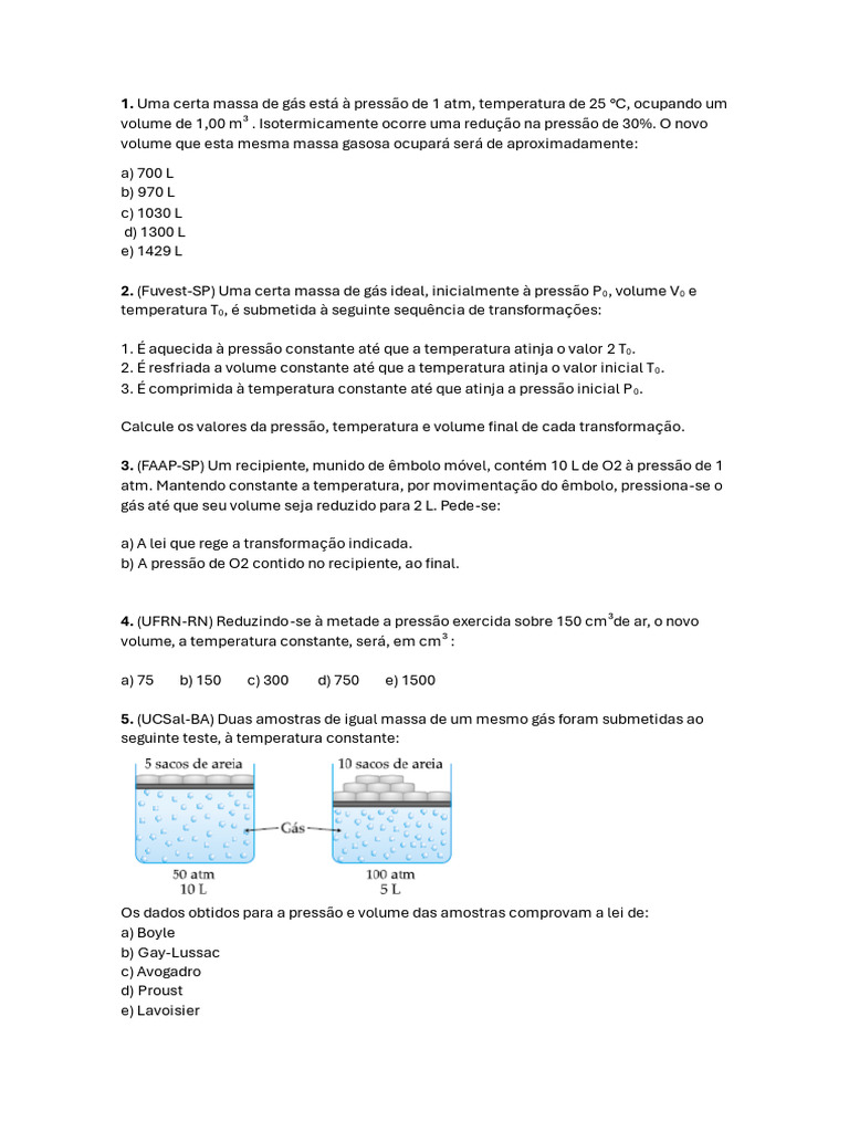 Exercícios sobre Transformações Gasosas | PDF | Gases | Temperatura