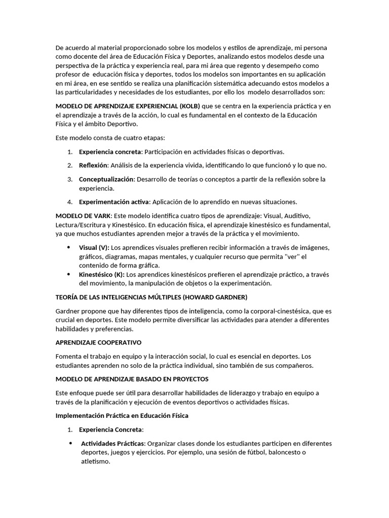 Los Modelos y Estilos de Aprendizaje | PDF | Aprendizaje | Experiencia