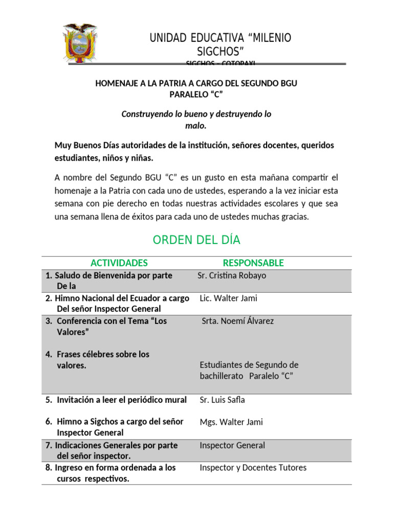 Formato Del Homenaje A La Patria | PDF