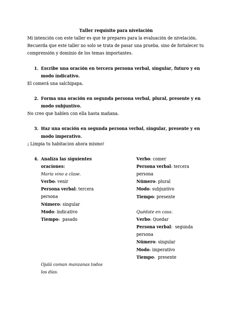 Taller requisito para nivelaci n pdf verbo relaciones sint cticas