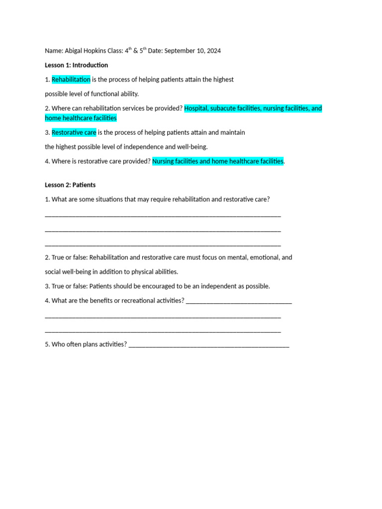 Rehabilitation and Restorative Care | PDF
