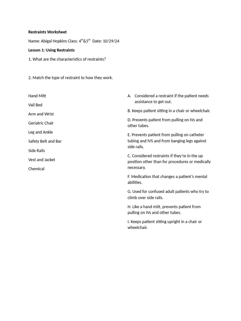 Restraints+Worksheet | PDF | Wheelchair | Medical Specialties