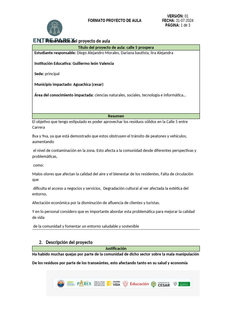 7 FORMATO PROYECTO DE AULA - ESTUDIANTES (Diego Morales) | PDF ...