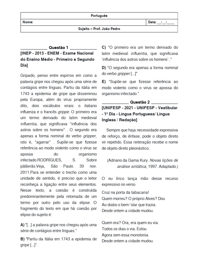 Coesão e Sintaxe em Textos de Português | PDF | Assunto (gramática ...