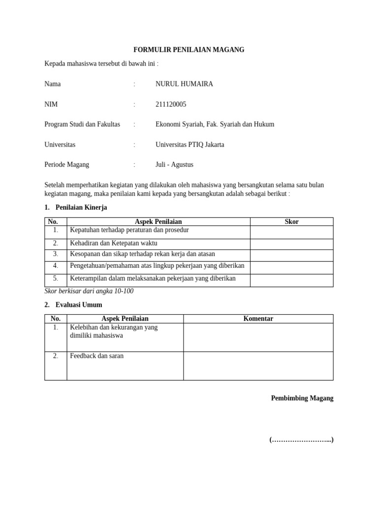 Form Penilaian Magang | PDF | Karier & Perkembangan | Bisnis