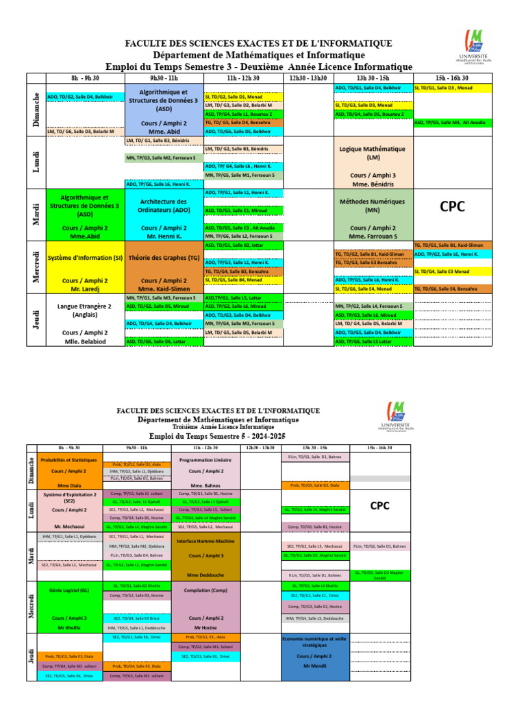 Emploi du Temps Licence Informatique | PDF | Informatique | Informatique