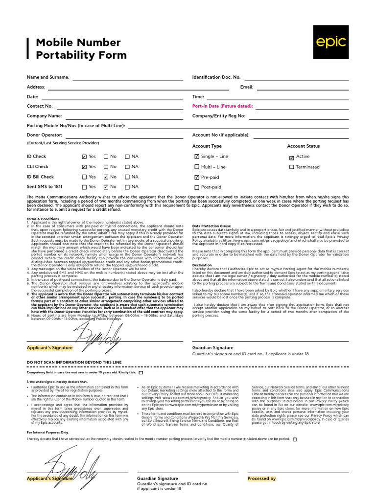 Mobile Number Portability Application Form | PDF | Privacy