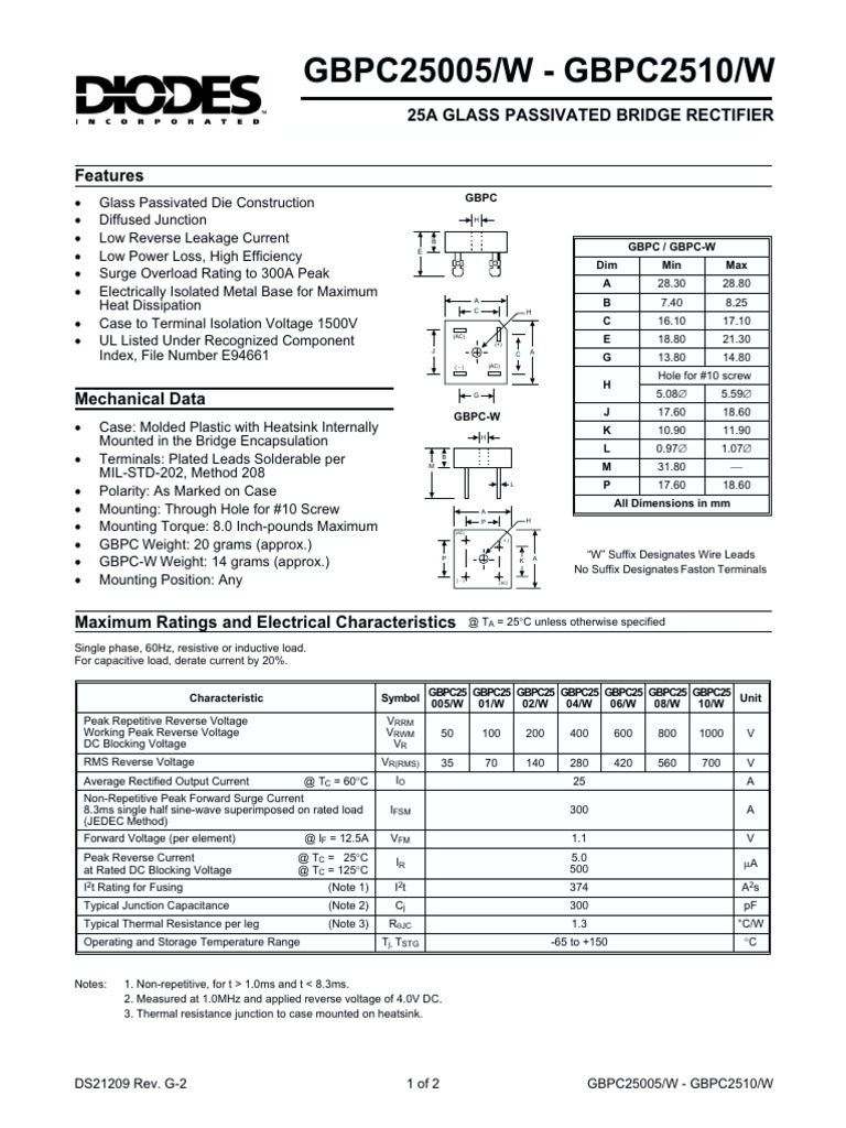 25A Glass Passivated Bridge Rectifier | PDF | Rectifier | Alternating ...