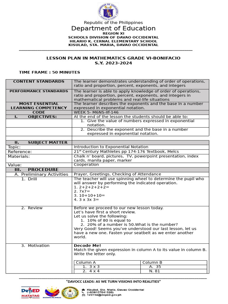Lesson Plan in Mathematics Grade Vi 2023 | PDF | Exponentiation