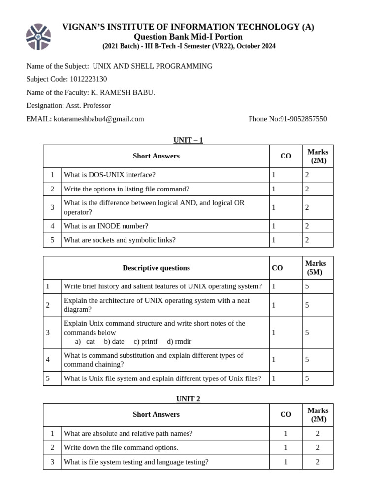 UNIX and Shell Programming Question Bank | PDF | Parameter (Computer ...