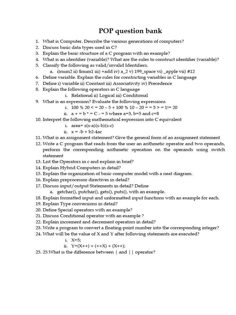 POP Question Bank | PDF | Computers