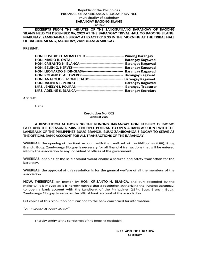 Resolution For The Bank | PDF
