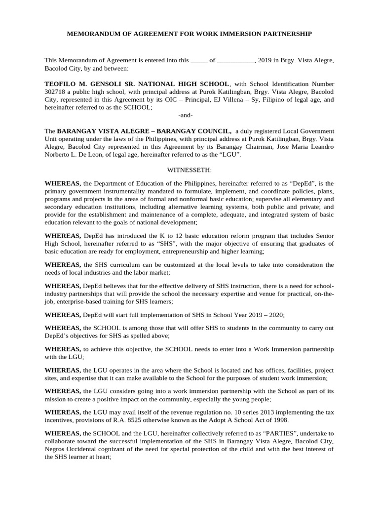 Memorandum of Agreement For Work Immersion Partnership Brgy Vista ...