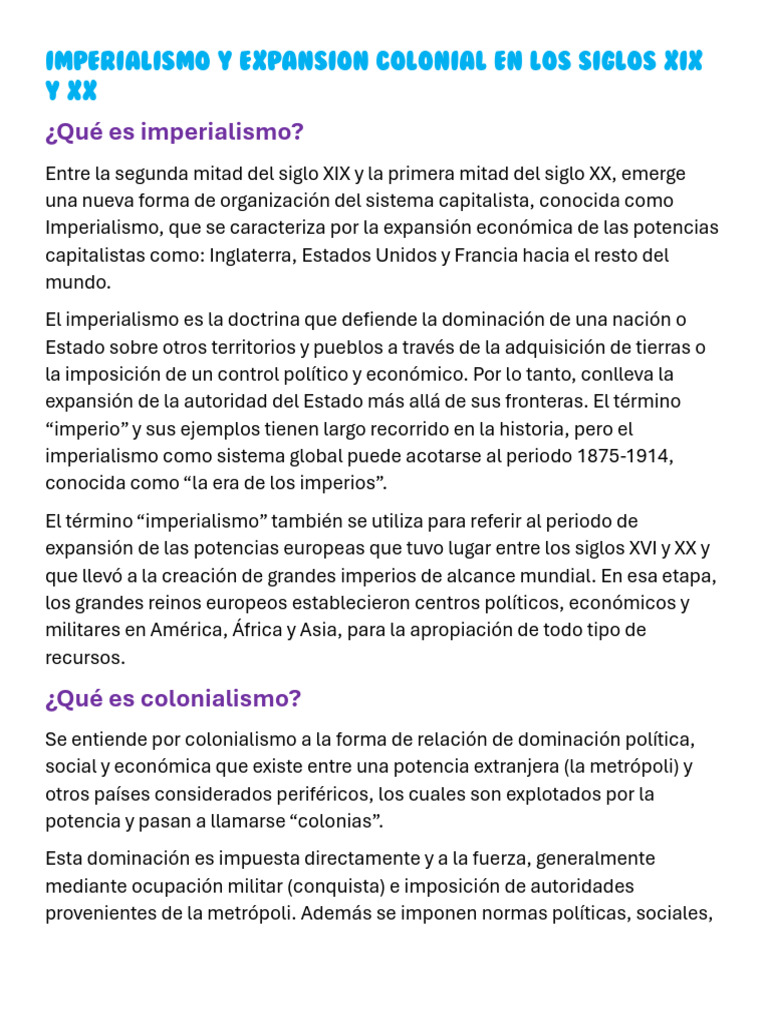 Imperialismo y Expansion Colonial en Los Siglos Xix y XX | PDF ...