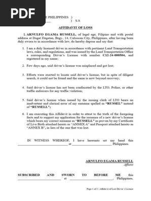 AFFIDAVIT OF LOST DRIVER'S LICENSE
