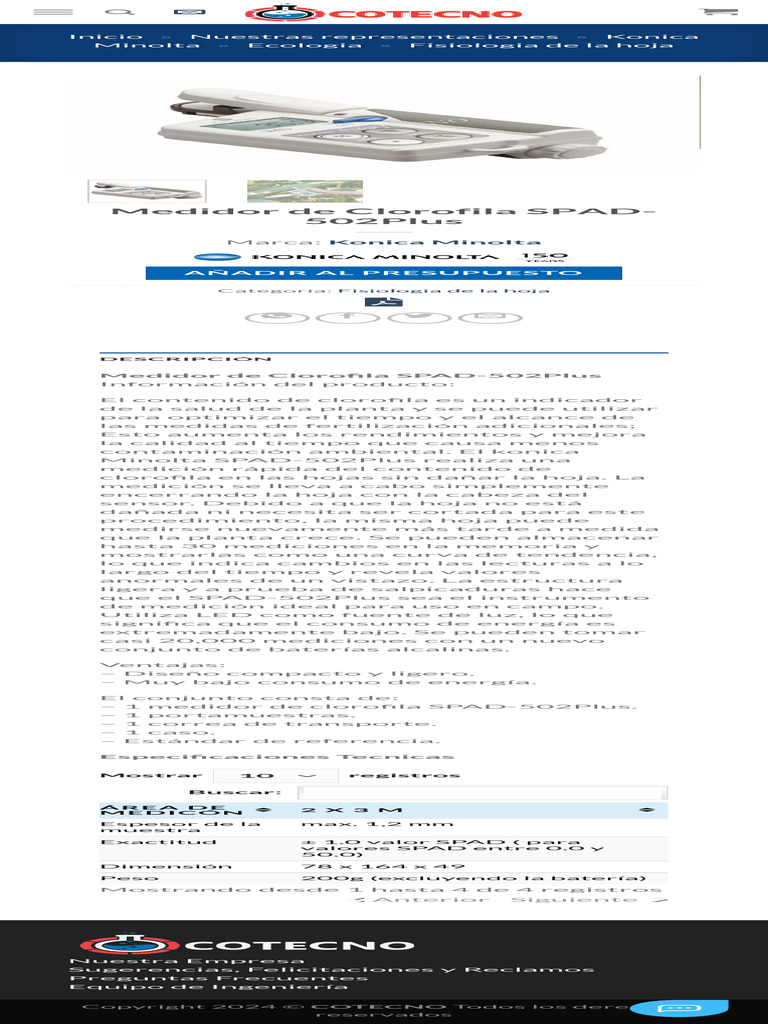 Medidor de Clorofila SPAD-502Plus COTECNO Equipamiento Científico ...