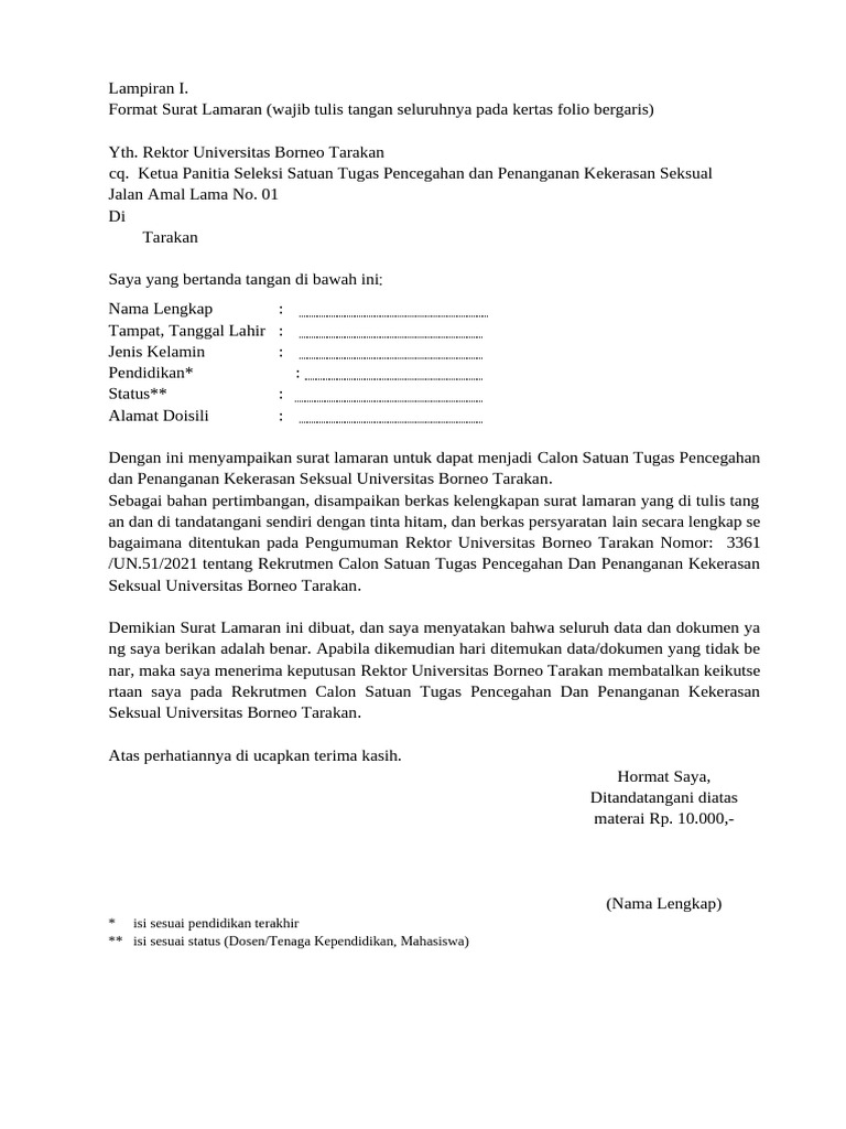 Surat Lamaran Rekrutmen Satuan Tugas | PDF