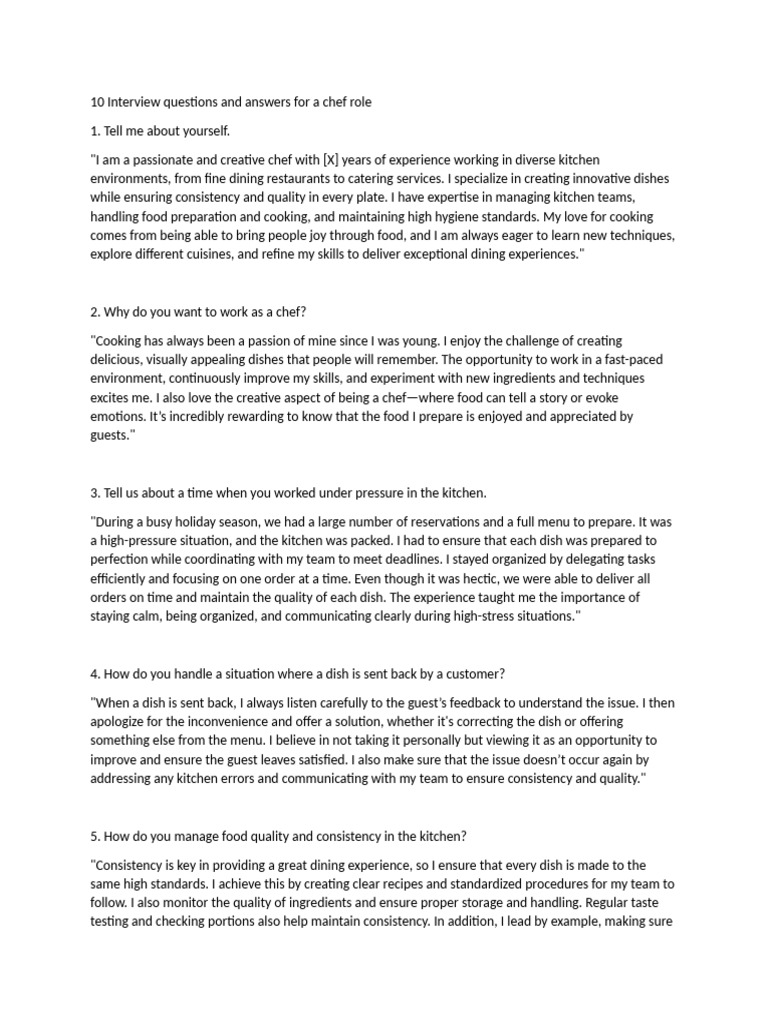10 Interview Questions and Answers For A Chef Role | PDF | Chef | Kitchen