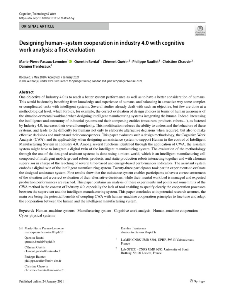 Designing human system cooperation in industry 4 0 with cognitive work