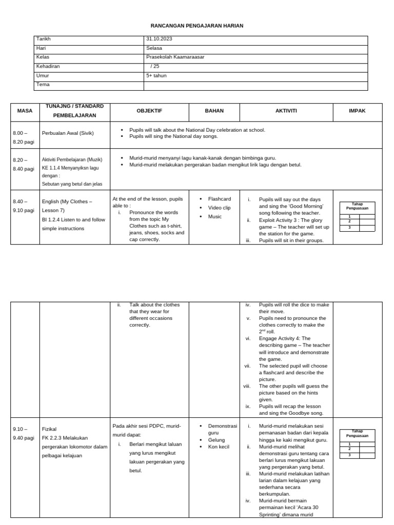 Rancangan Pengajaran Harian Prasekolah | PDF