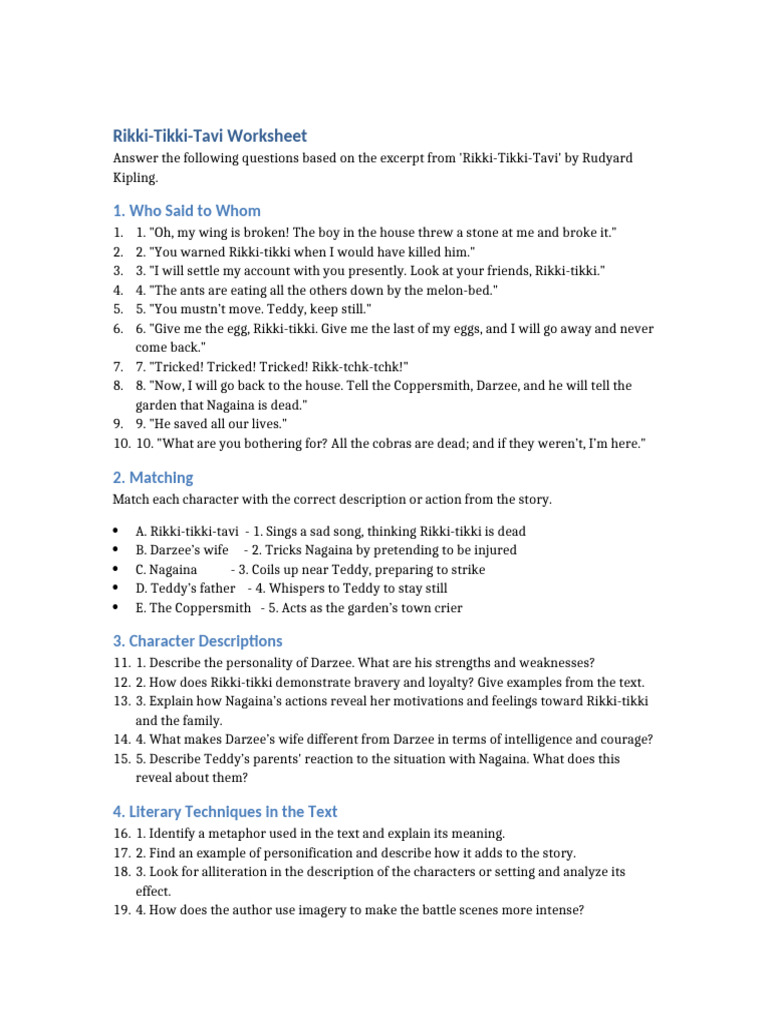 Rikki-Tikki-Tavi Worksheet and Questions | PDF | Language Arts & Discipline