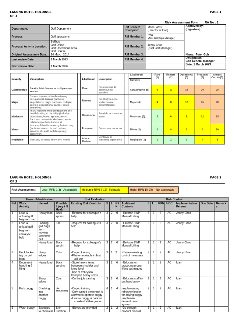 Risk Assessment Form - Golf (A) | PDF | Occupational Safety And Health ...