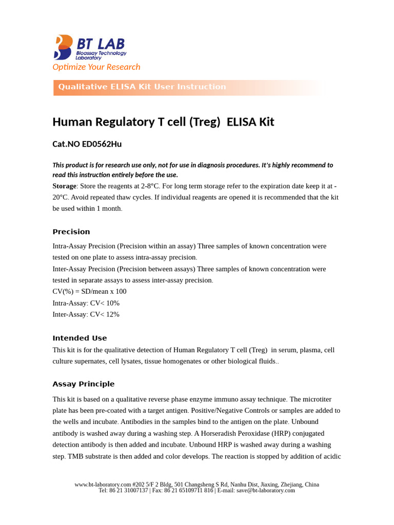 ED0562Hu Human Regulatory T Cell (Treg) ELISA KIT | PDF | Assay ...