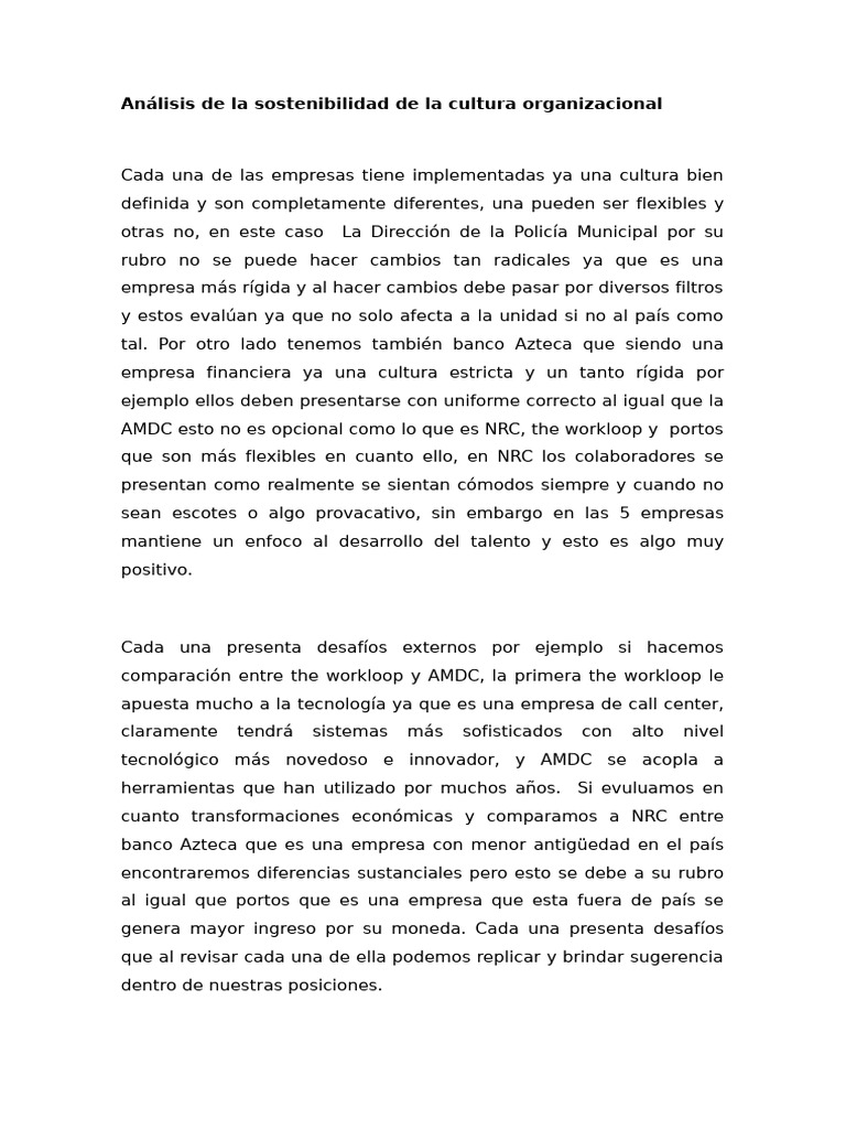 Análisis de La Sostenibilidad de La Cultura Organizacional | PDF ...