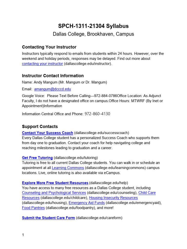 SPCH 1311 Speech Communication Syllabus | PDF | Communication | Textbook