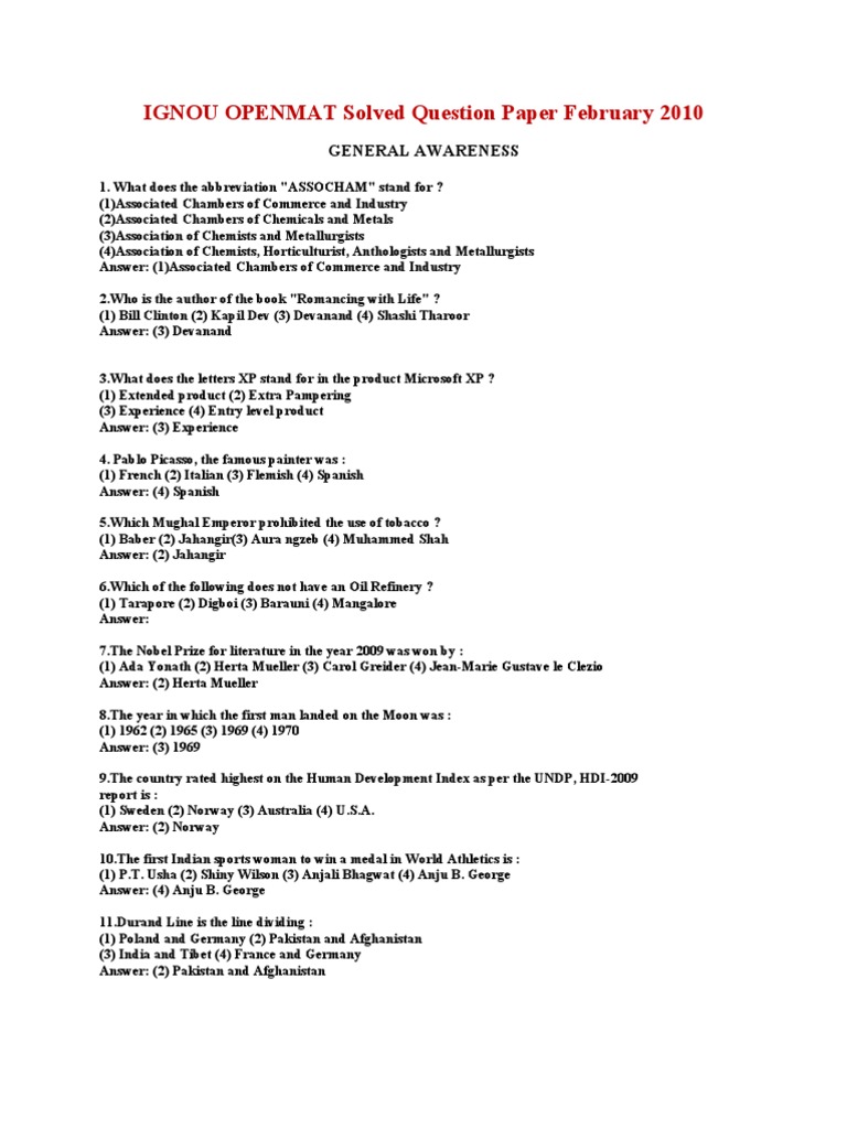 IGNOU OPENMAT Solved Question Paper February 2010 PDF Seawater Water