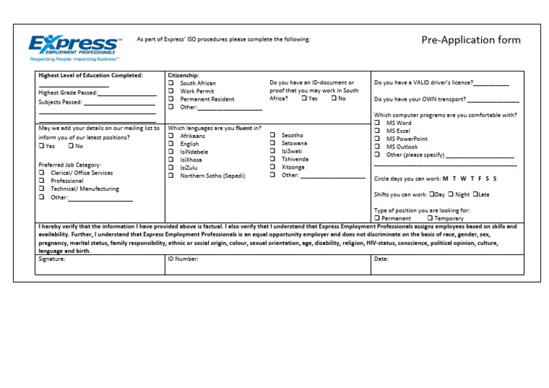 Express Employment Pre-Application Form | PDF | Justice | Crime & Violence