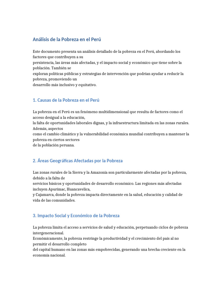 Análisis de la Pobreza en Perú: Causas y Soluciones | PDF | Ciencias ...