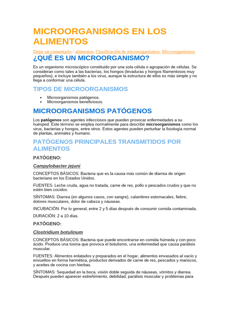 Microorganismos Patógenos en Alimentos | PDF | Fermentación | Diarrea