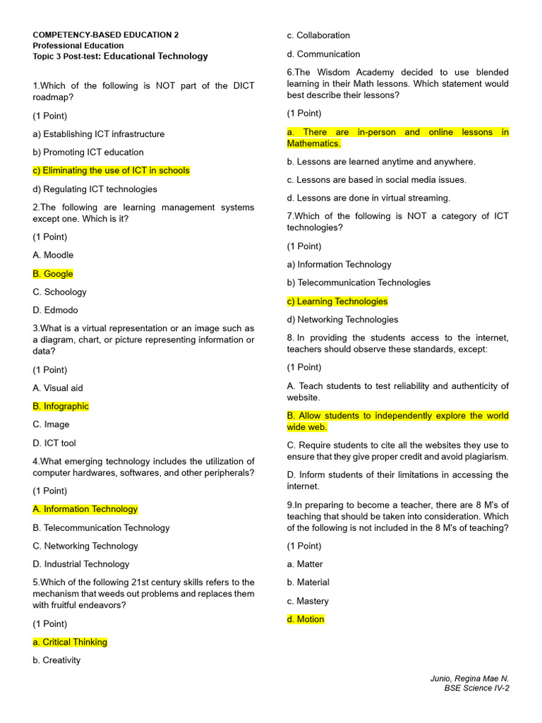 CBE2 - Post-Test (Educational Technology) | PDF | Educational ...