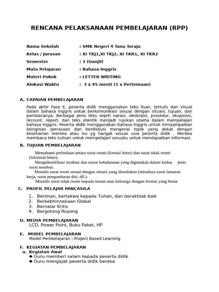 RPP Letter Writing | PDF