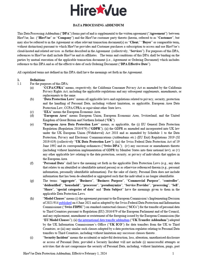 HireVue Data Protection Addendum 2024 | PDF | Computer Security | Security