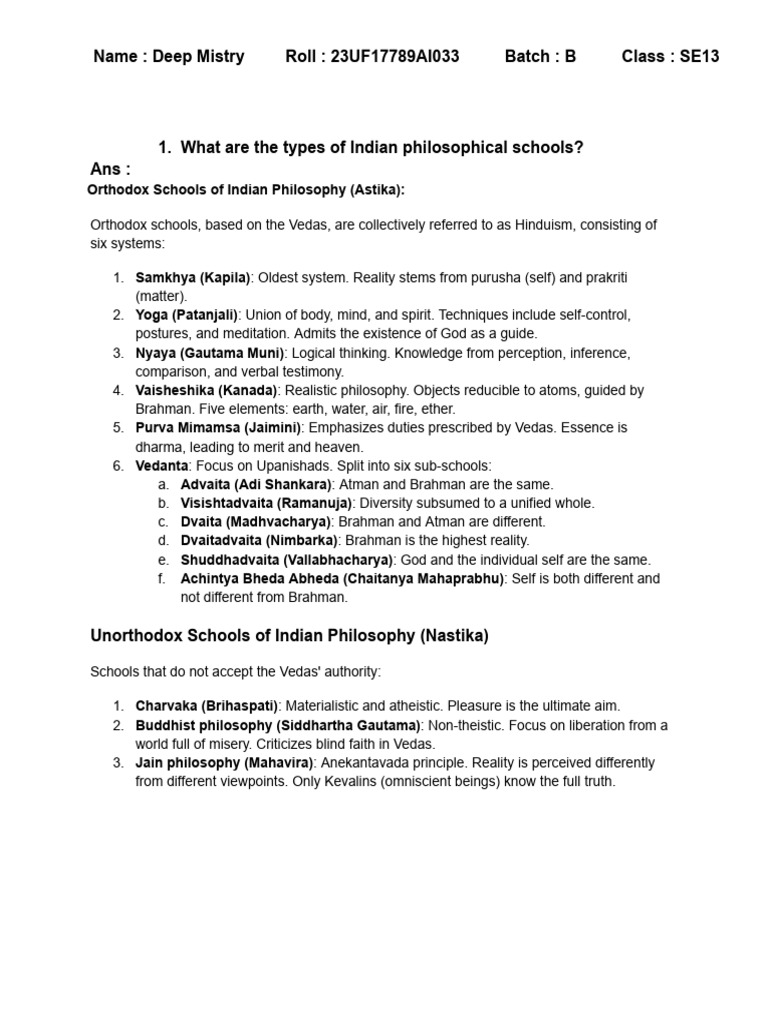 Indian Philosophical Schools Overview | PDF | Ātman (Hinduism) | Hindu ...