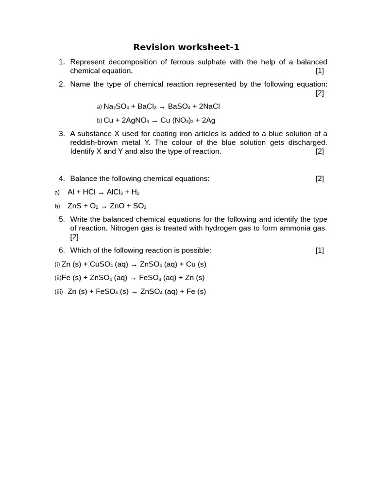 Chemical Reactions and Equations Worksheet | PDF | Chemical Reactions ...