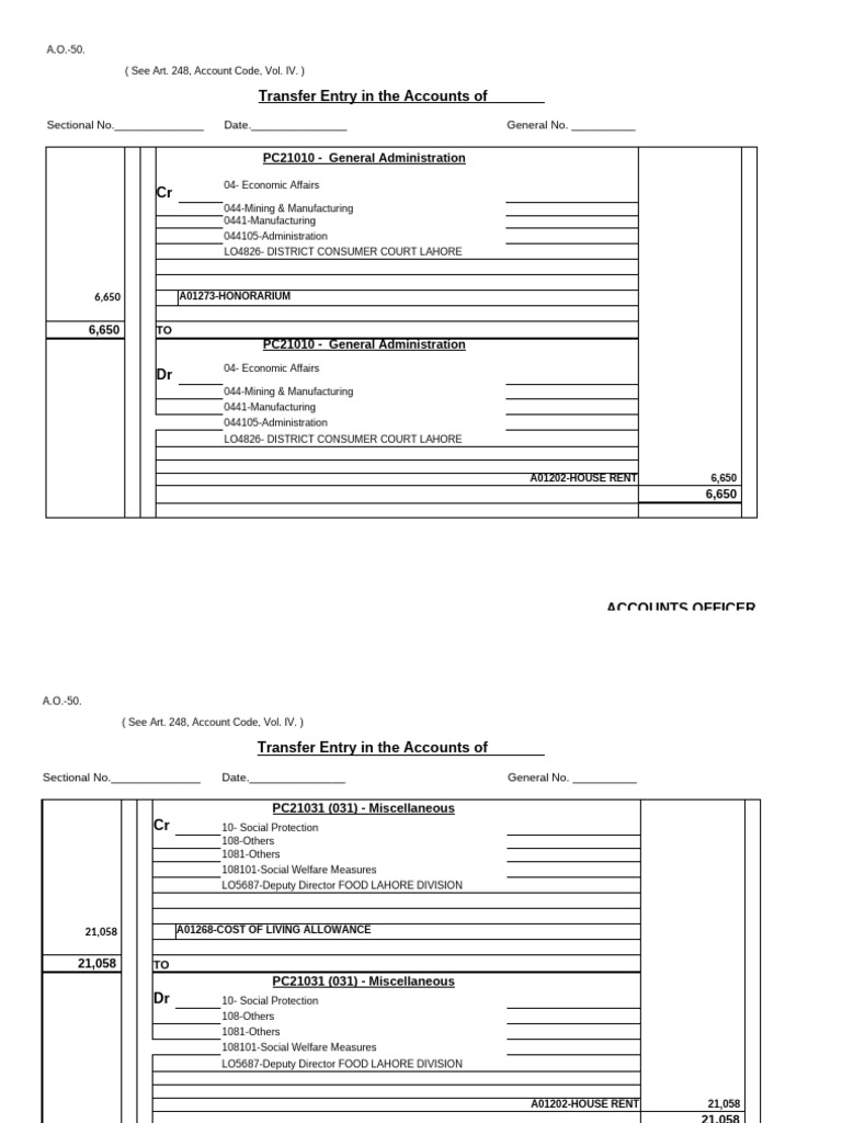 Transfer Entry in The Accounts Of: PC21010 - General Administration | PDF